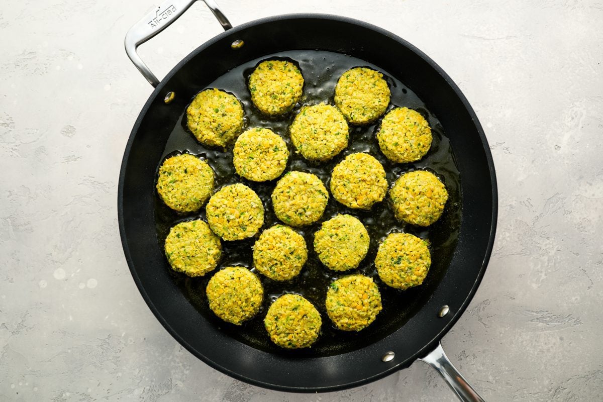 pan-frying the falafel