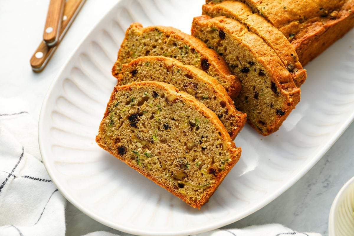 sliced zucchini bread on platter