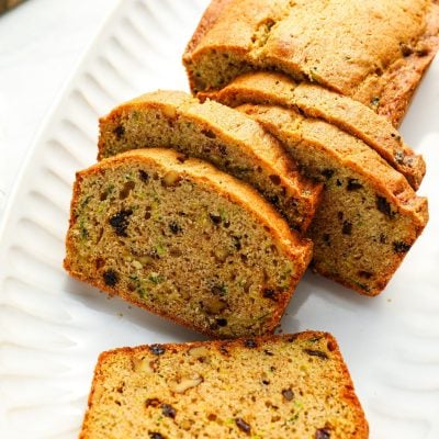sliced zucchini bread on platter