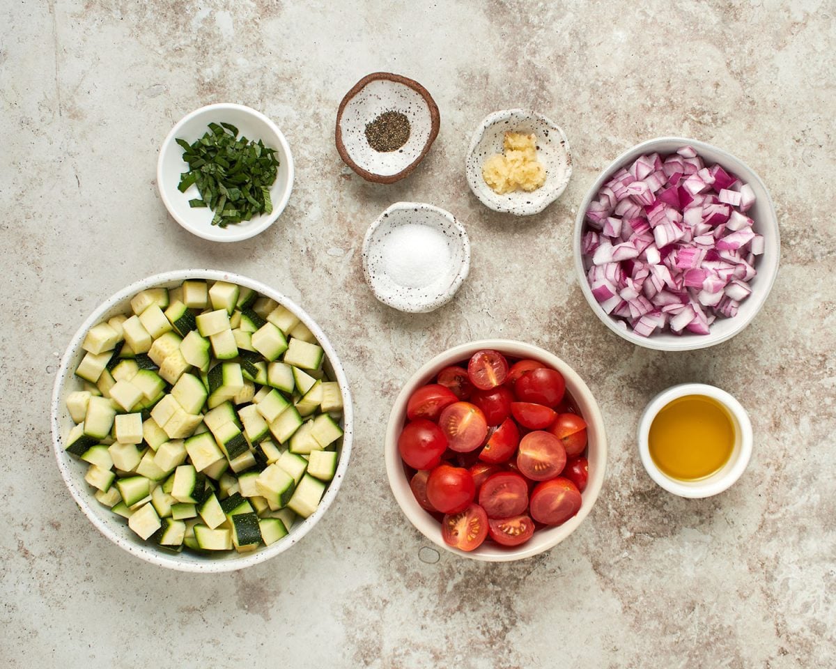 ingredients for sauteed zucchini and cherry tomatoes
