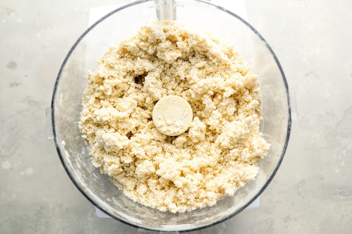 crumbly flour/butter/water mixture in bowl of food processor