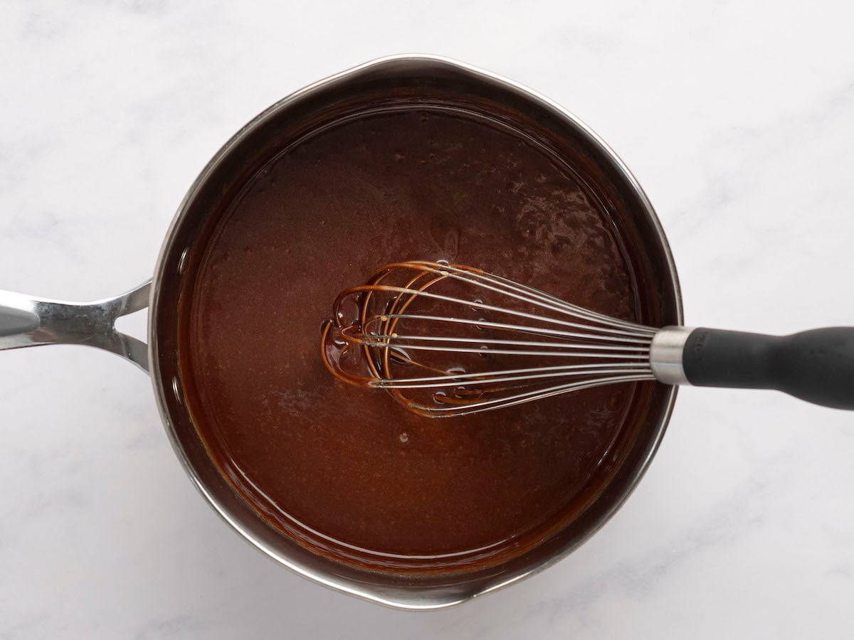 medium saucepan with butter and chocolate melted and combined with corn syrup and brown sugar