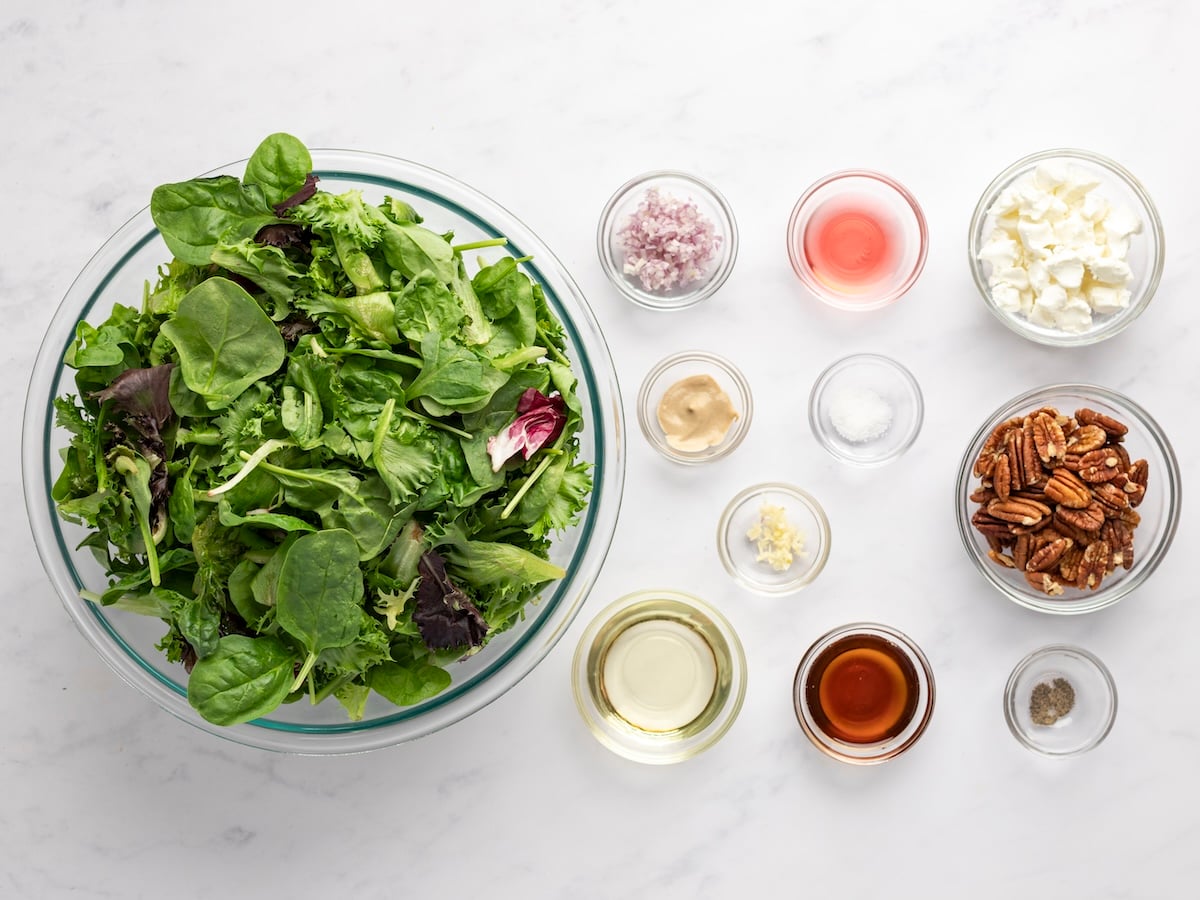 Green Salad with Goat Cheese, Maple-Glazed Pecans & Maple Dijon Vinaigrette with Striped Linen Napkin