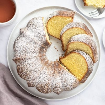sliced pound cake on platter