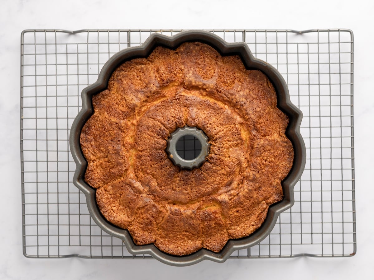 baked pound cake cooling on rack