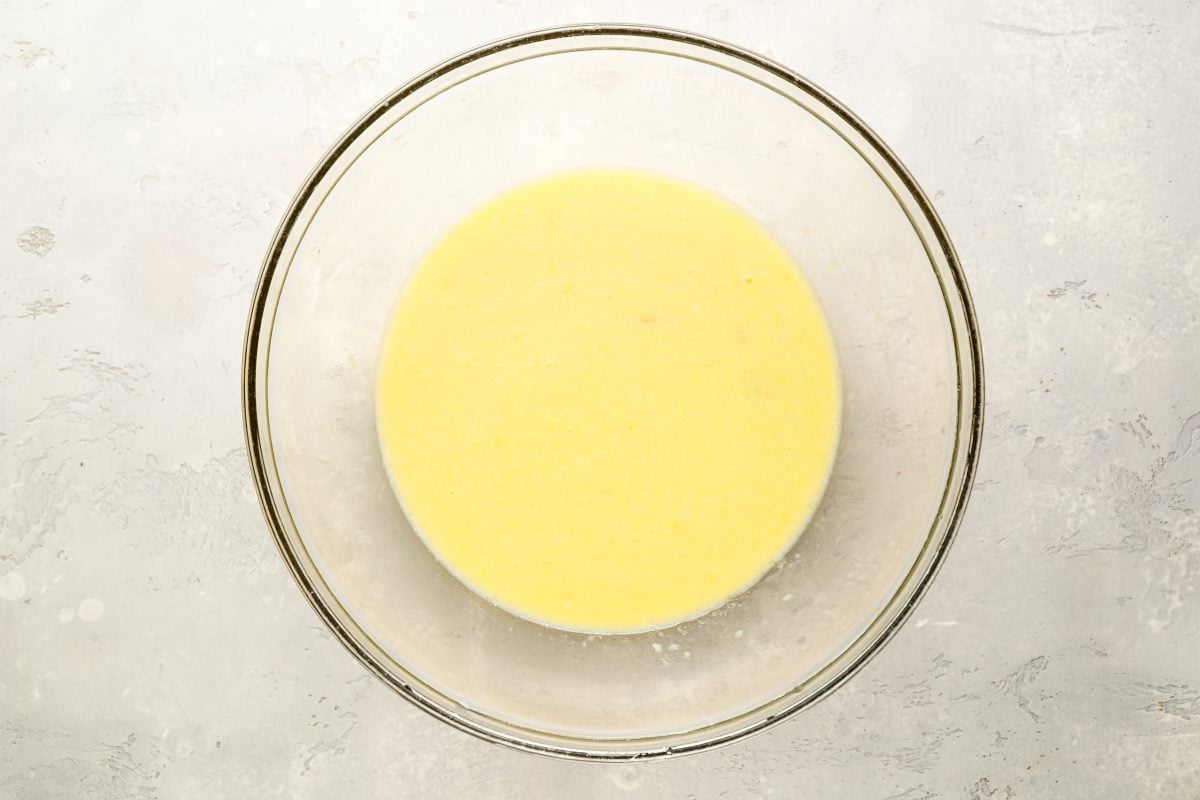 milk added to egg/butter mixture in large mixing bowl