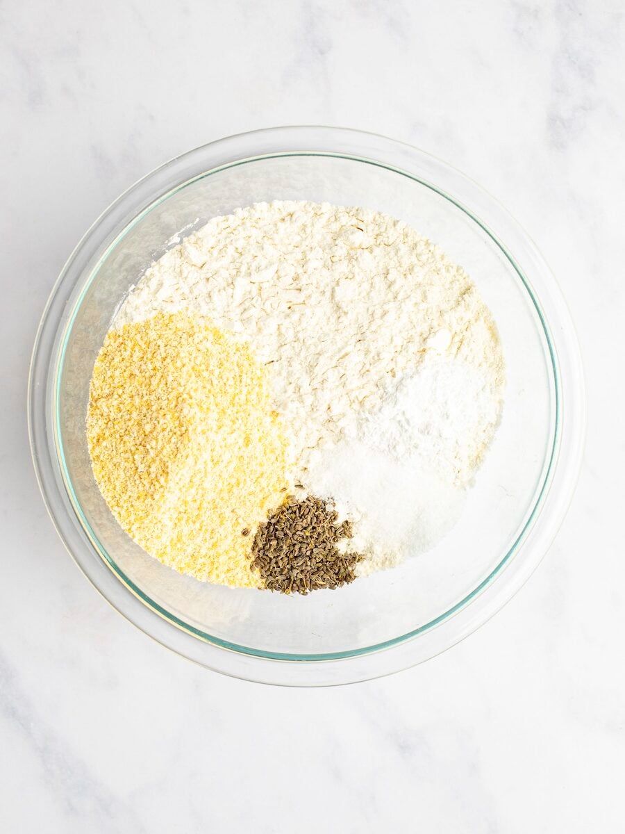Dry ingredients for biscotti in mixing bowl.
