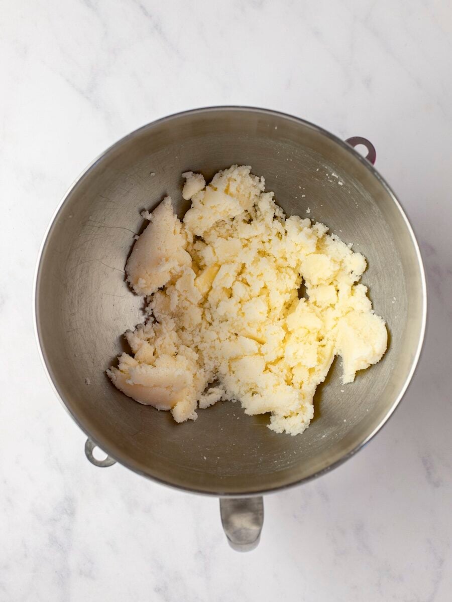 Creamed butter and sugar in mixing bowl.