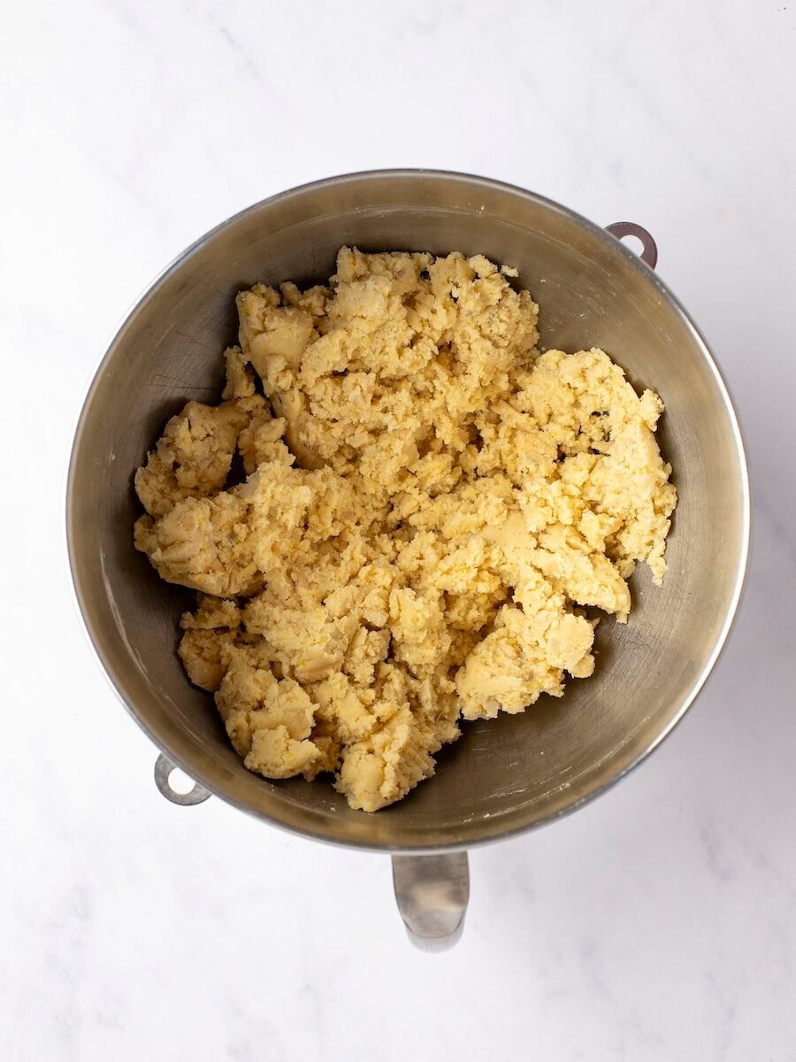 Biscotti dough in mixing bowl.