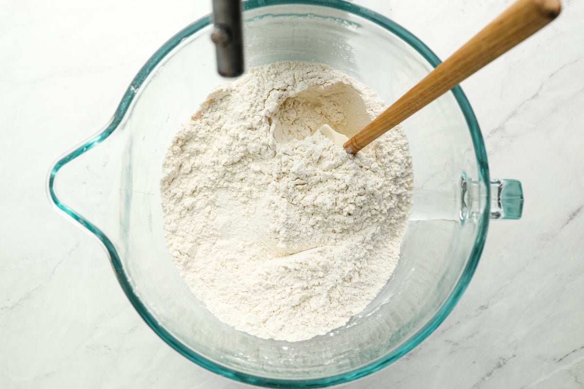 flour, cornstarch, granulated sugar, yeast, and salt in glass bowl