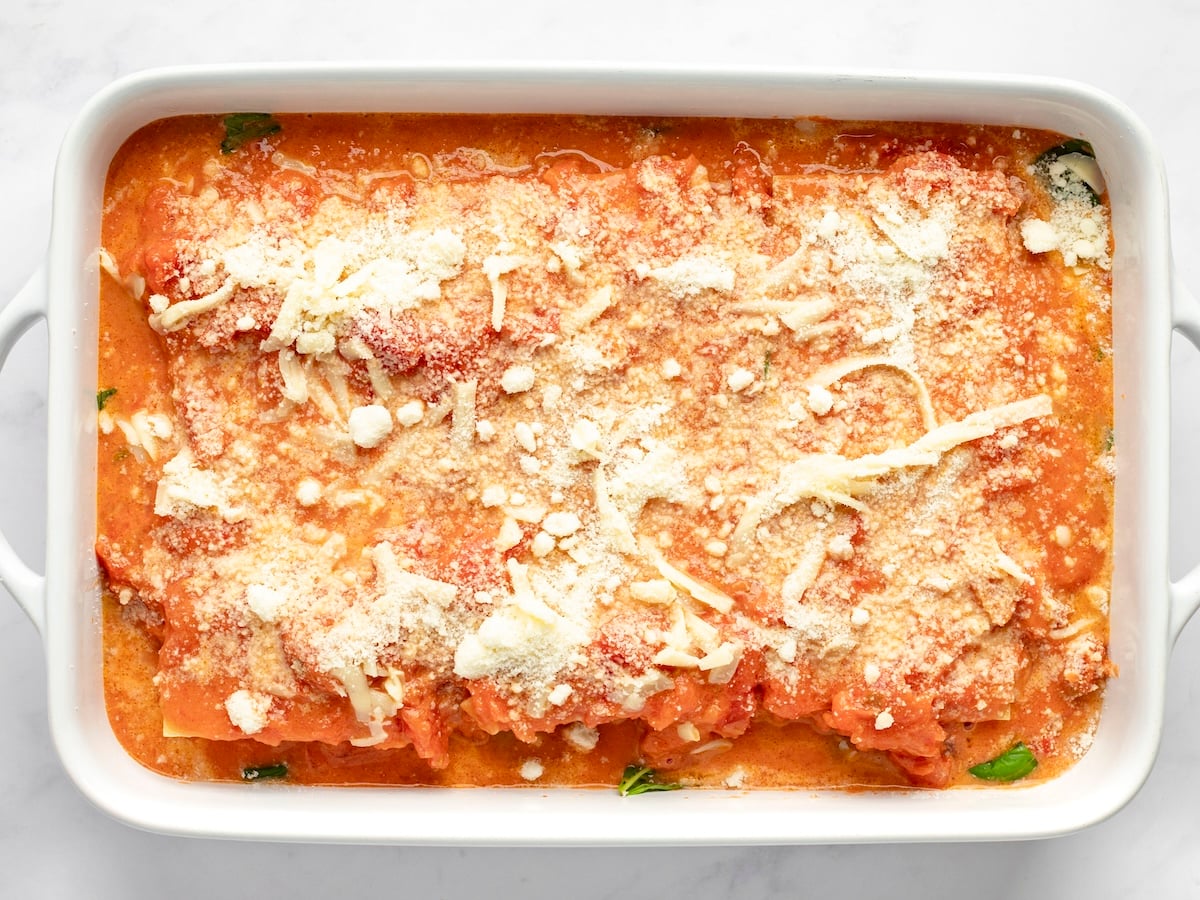 layered lasagna ready to bake.