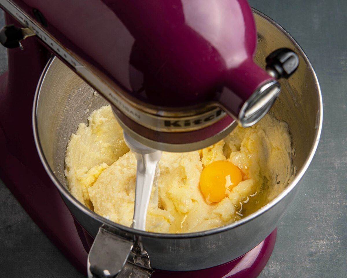 butter, sugar, eggs, and vanilla in bowl of mixer