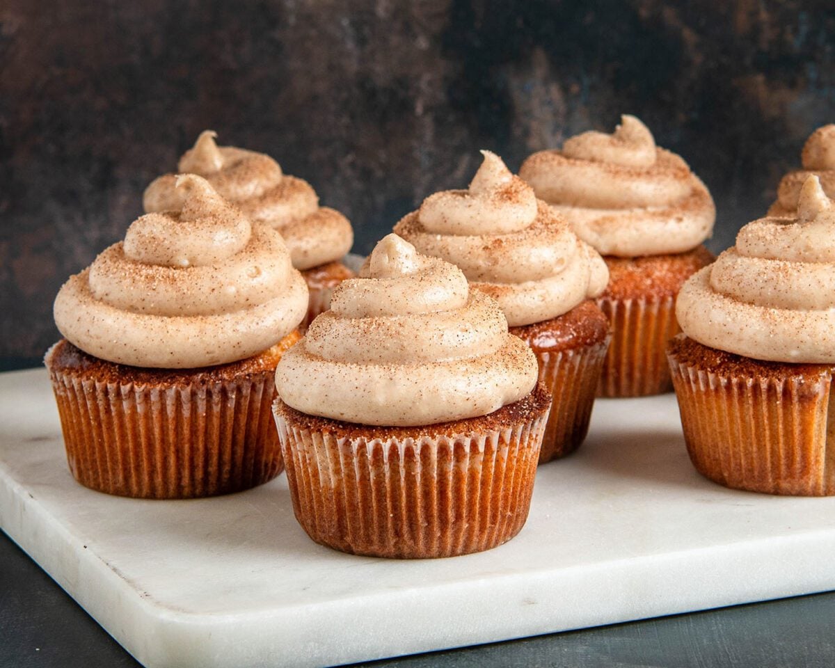 frosted cupcakes on white platter