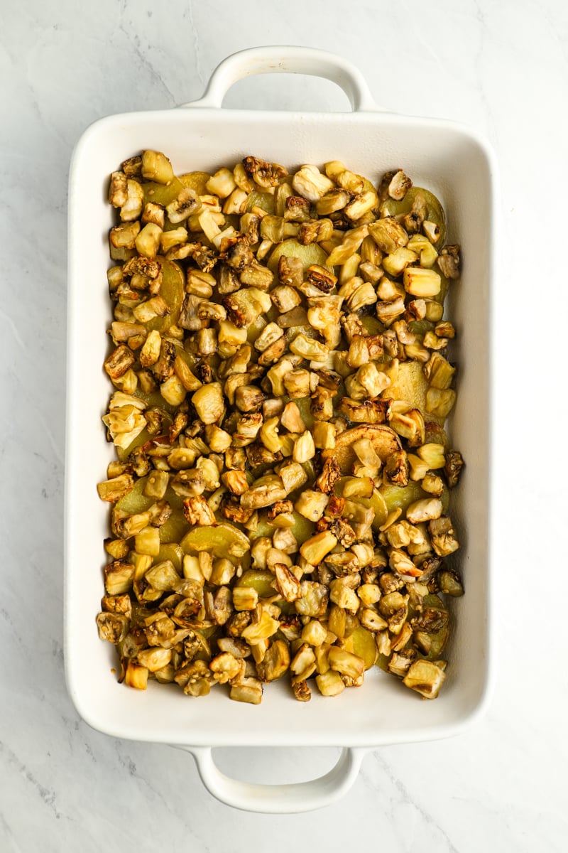 potatoes and eggplant in layers in baking dish