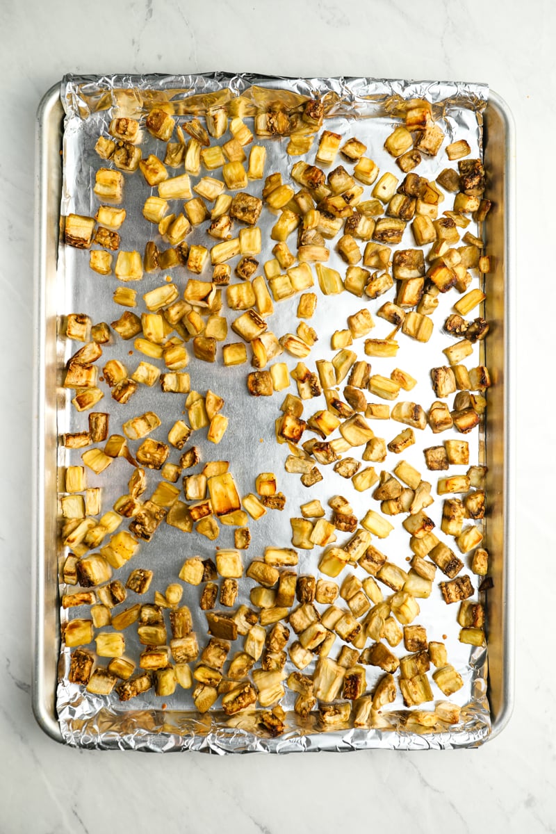 roasted eggplant on baking sheet
