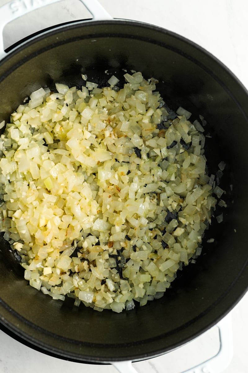 cooked onions and garlic in Dutch oven
