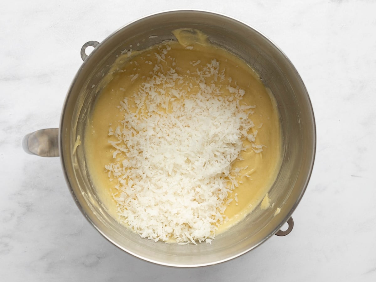 shredded coconut added to mixing 