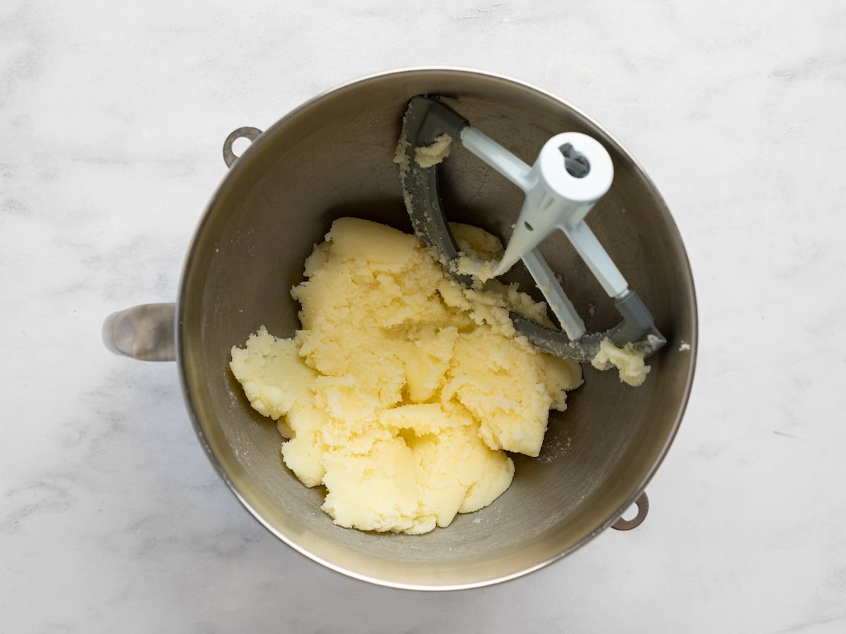 butter and sugar creamed together in mixing bowl
