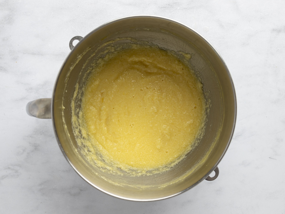 creamed butter, vanilla, and eggs combined in mixing bowl
