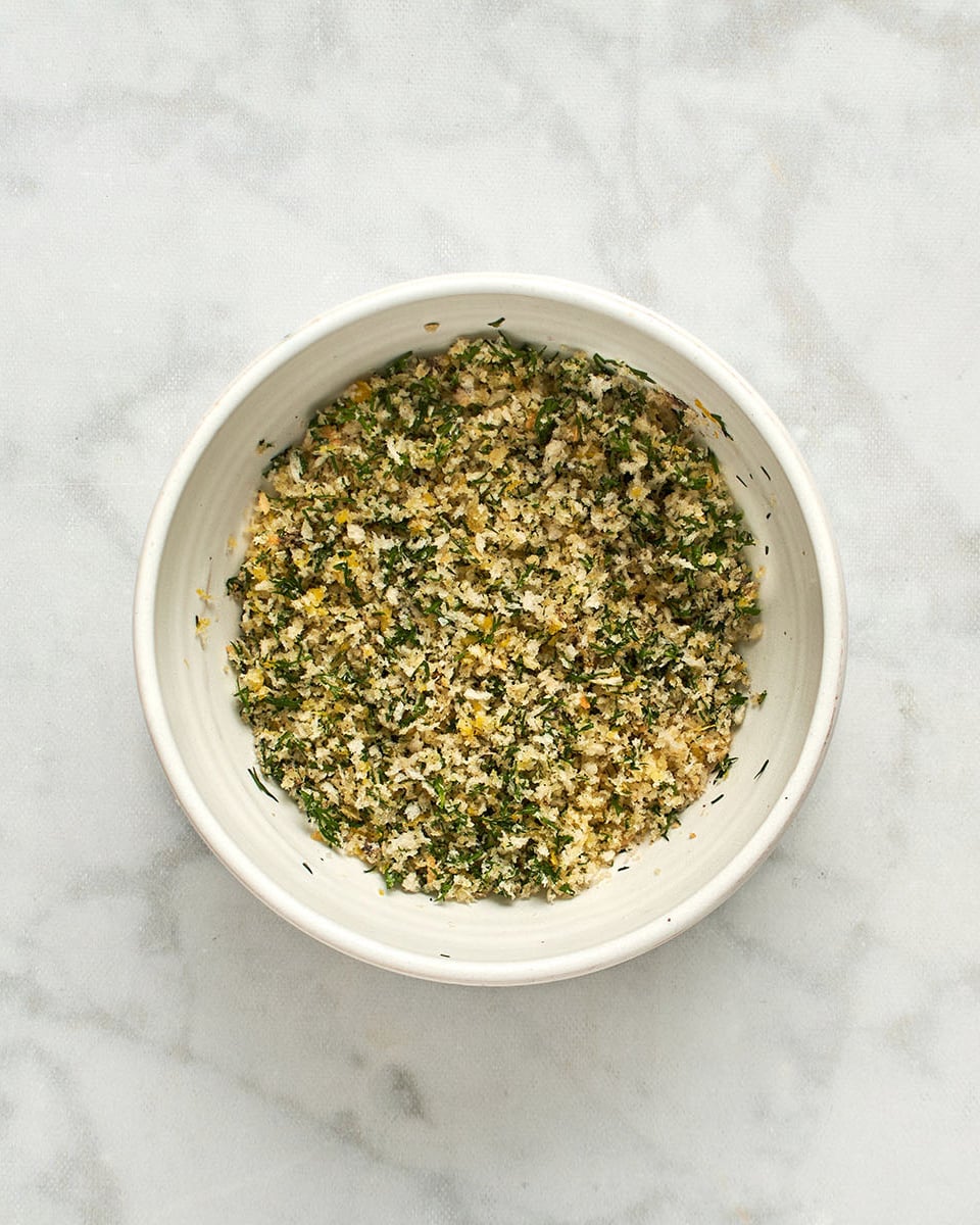 panko, lemon zest, salt, pepper, dill, and olive oil in a medium bowl