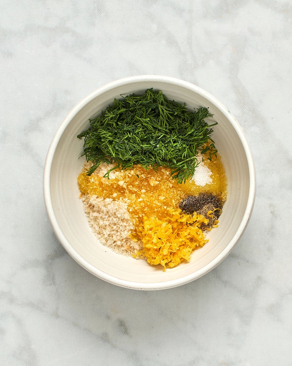 panko, lemon zest, salt, pepper, dill, and olive oil in a medium bowl