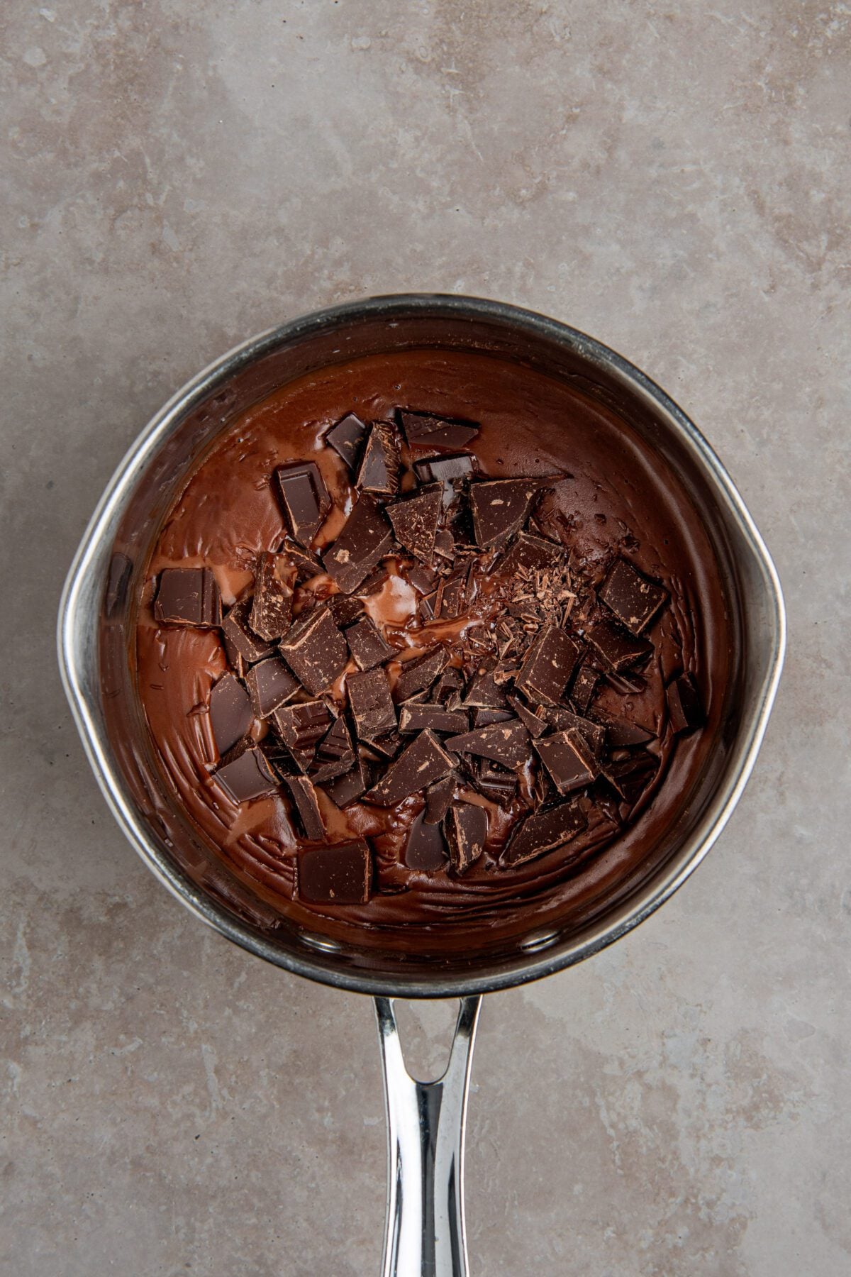chopped chocolate in saucepan with butter mixture