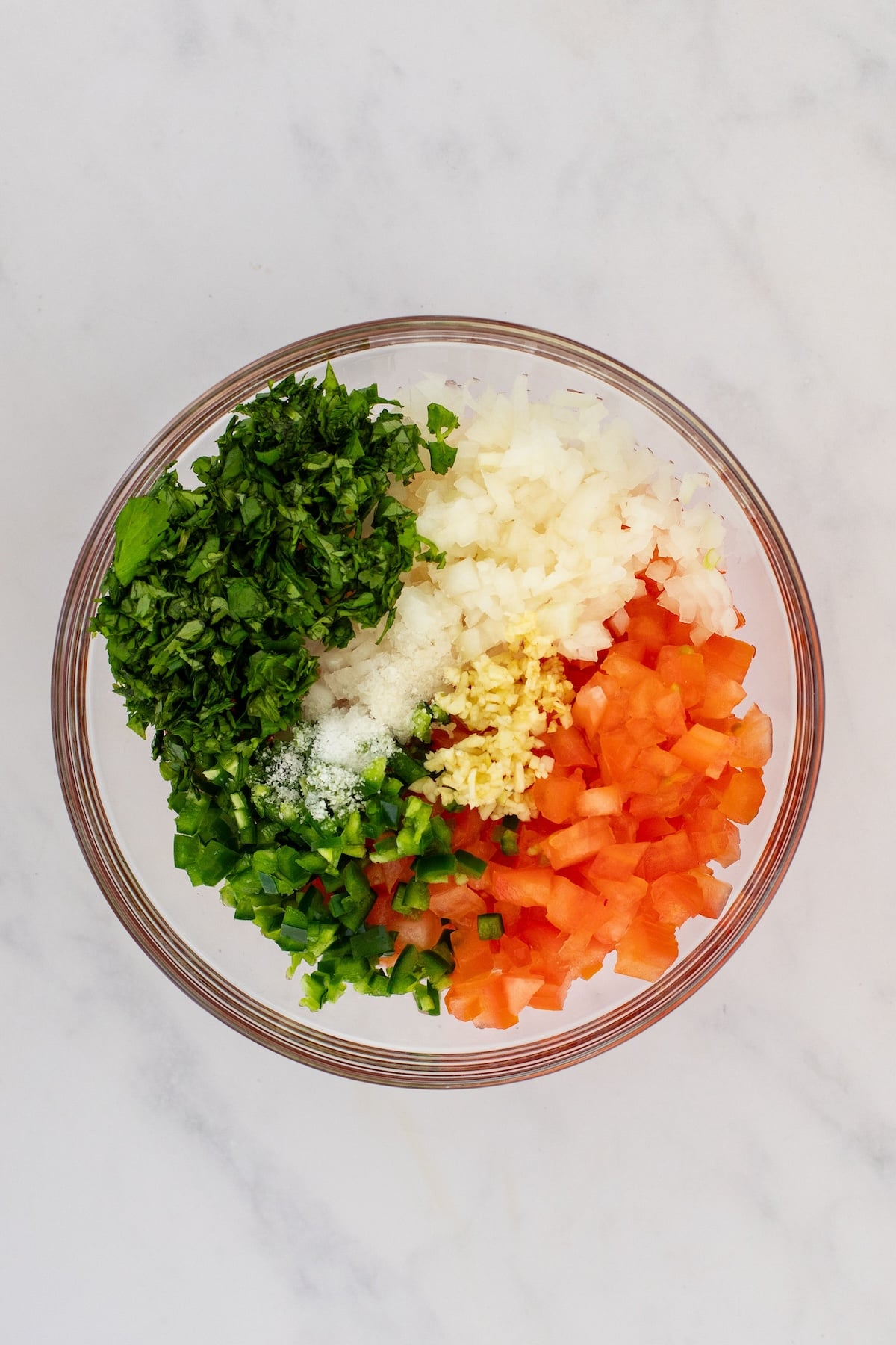 medium glass bowl with tomatoes, onion, cilantro, jalapeño, lime juice, garlic, and salt