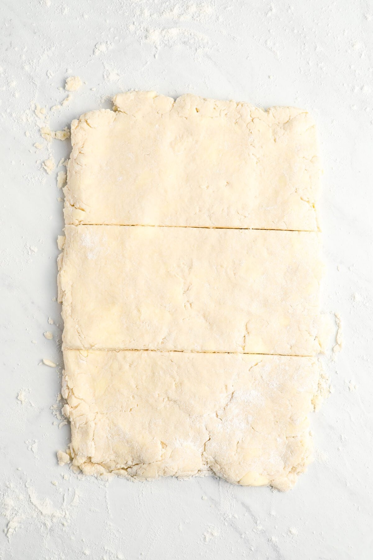 rectangle of dough cut into thirds