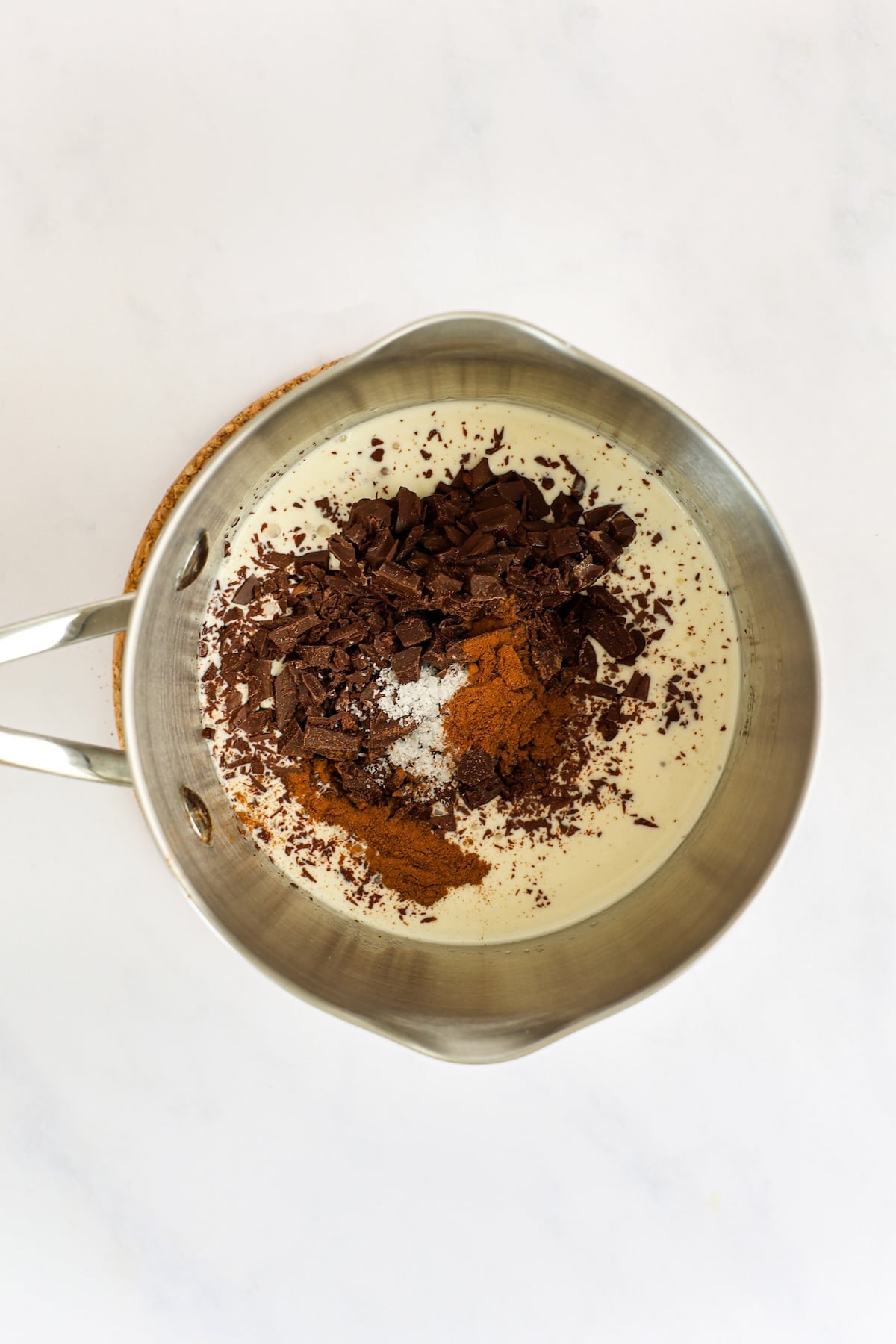 cream, chocolate, cinnamon, and salt in small saucepan
