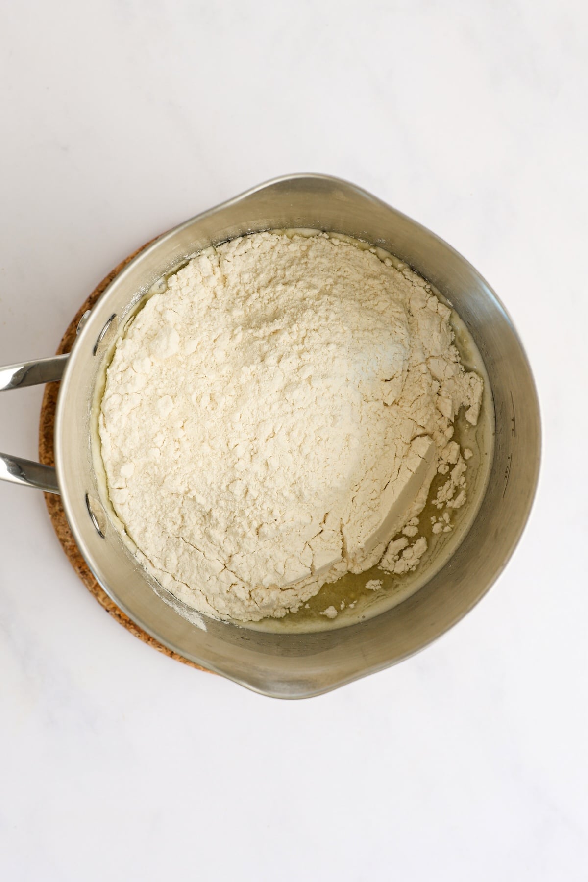 flour added to water/butter mixture in medium saucepan