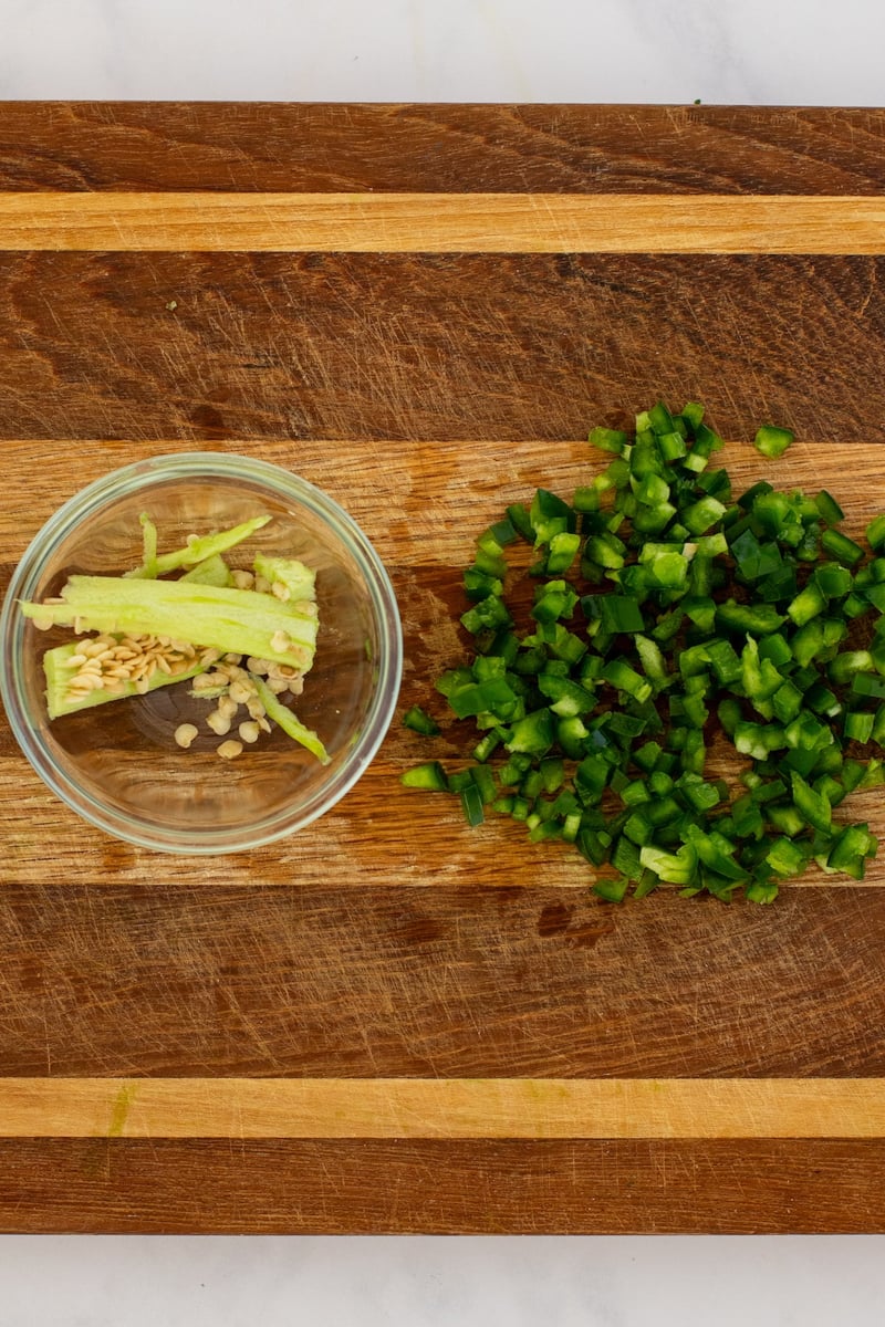 chopped jalapeno on cutting board