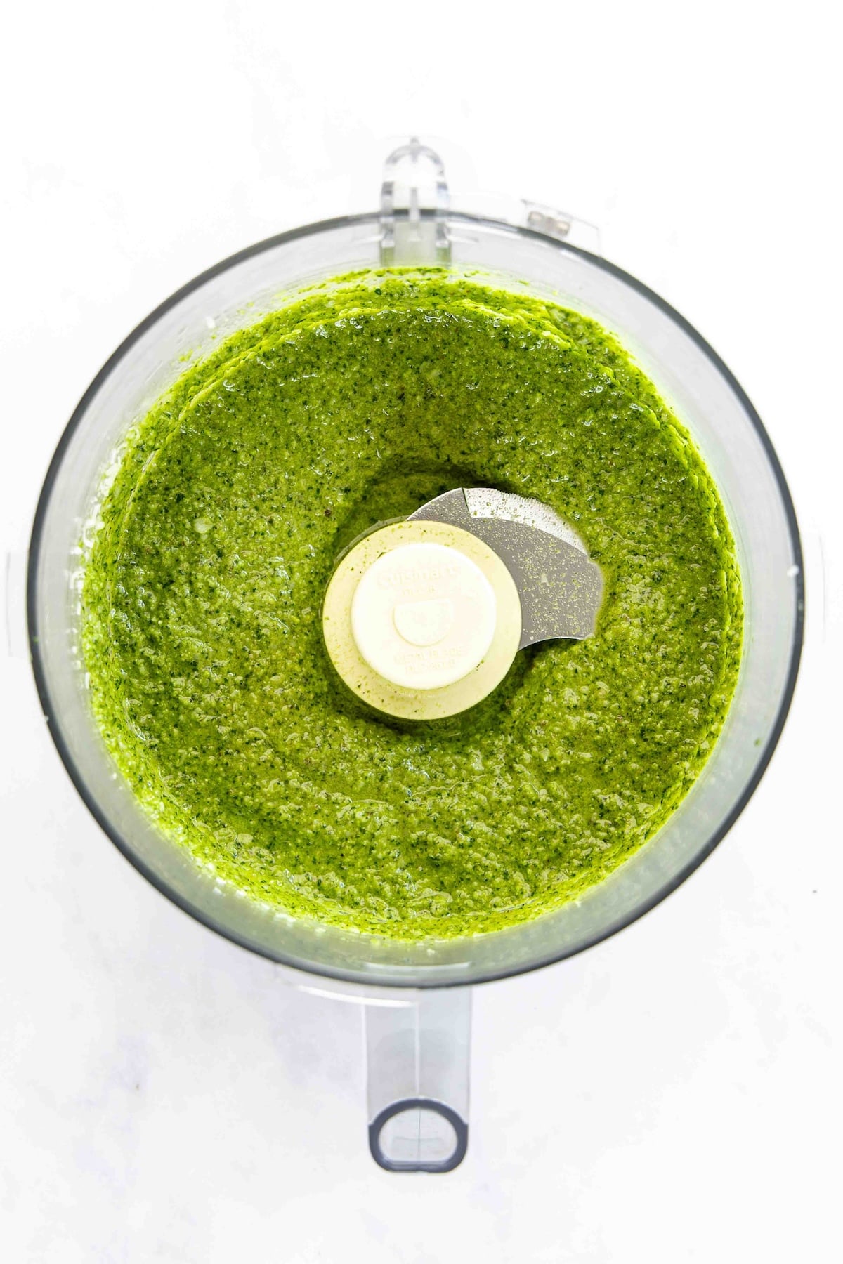 finished pesto sauce in food processor