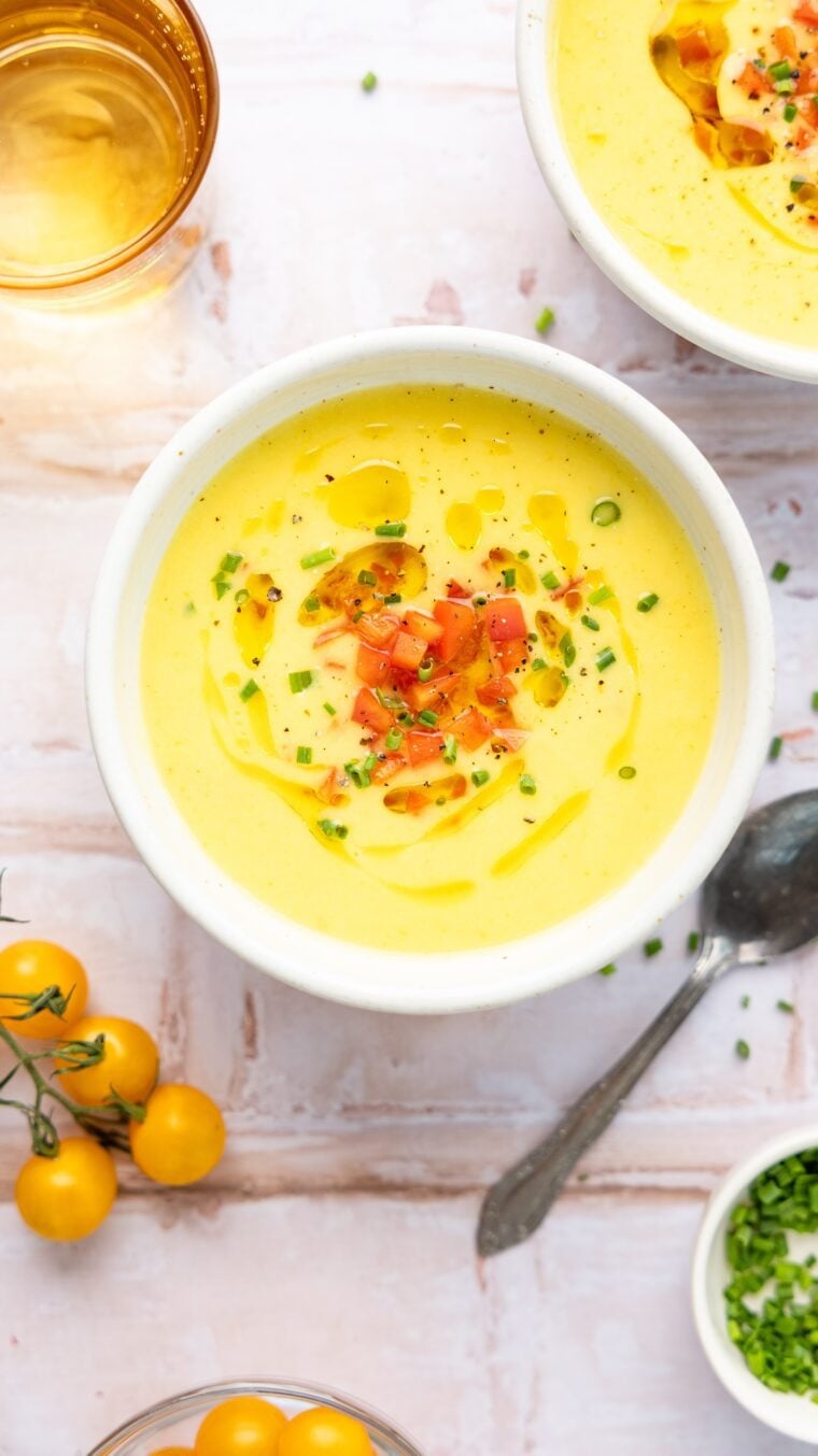 bowls of golden gazpacho