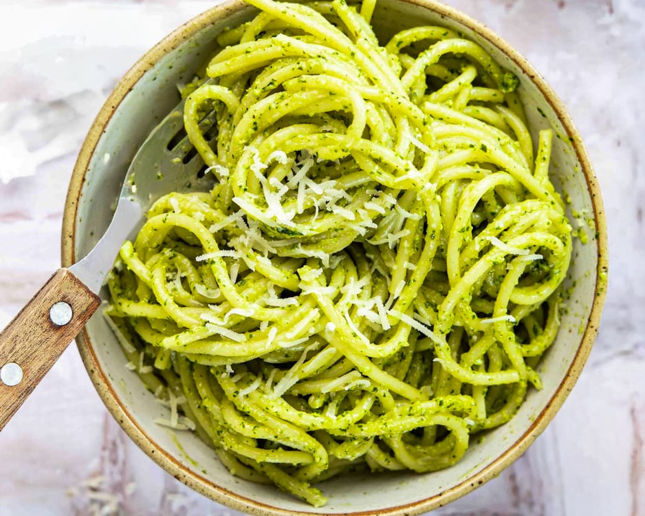 Pesto pasta in bowl