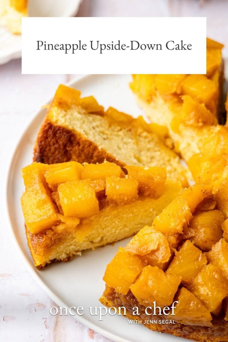 sliced ineapple upside-down-cake on white plate