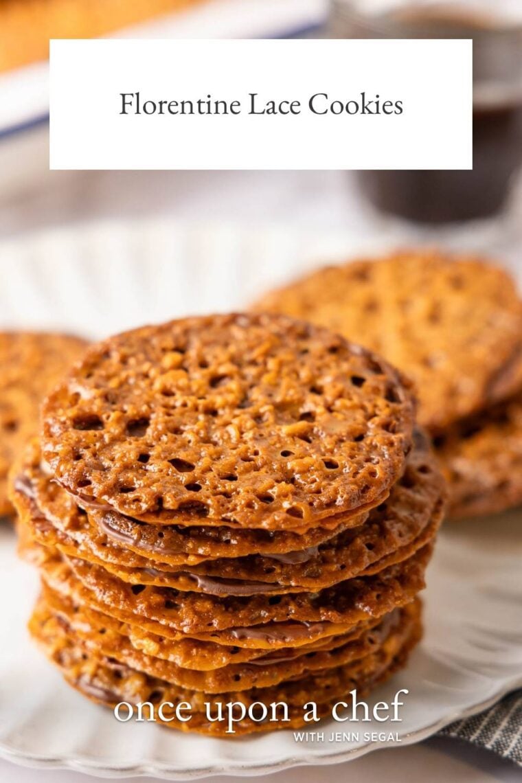 stack of florentine lace cookies on white ceramic plate