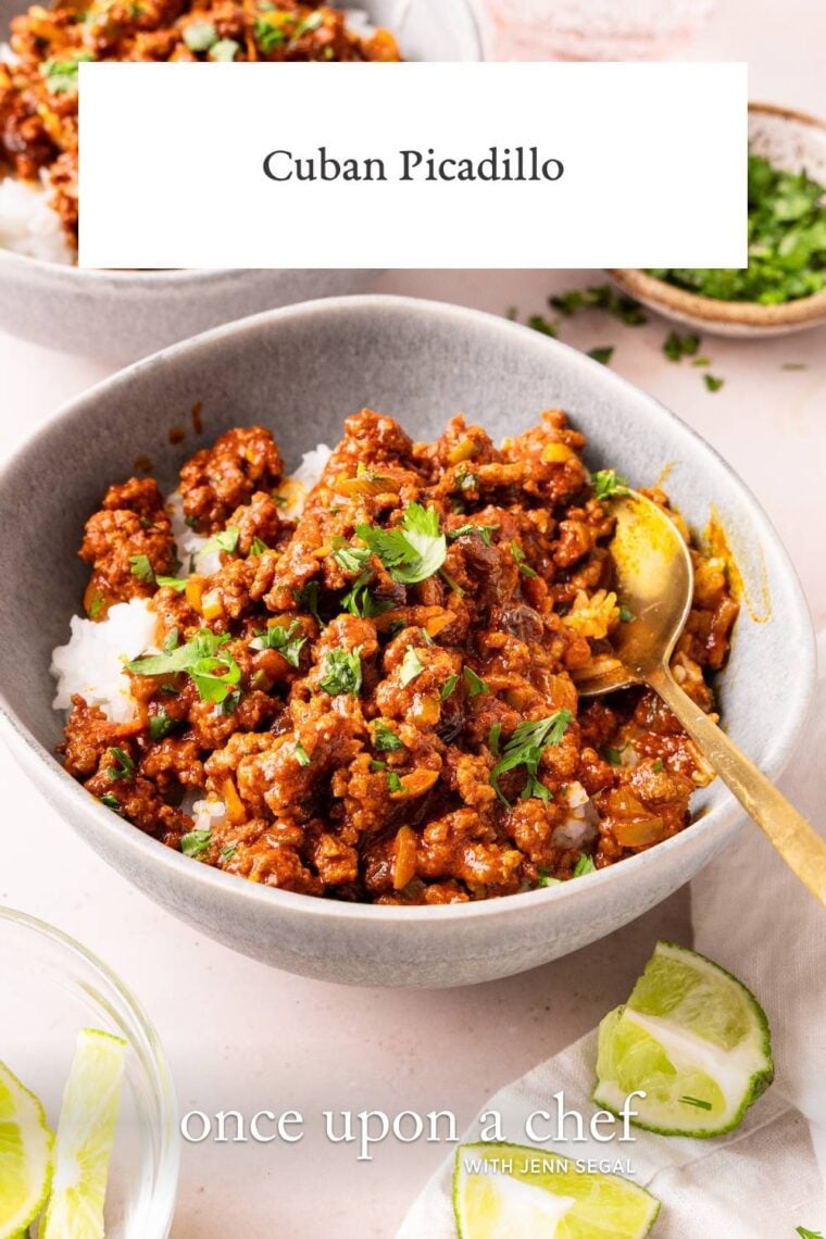 gray bowl with cuban picadillo over white rice