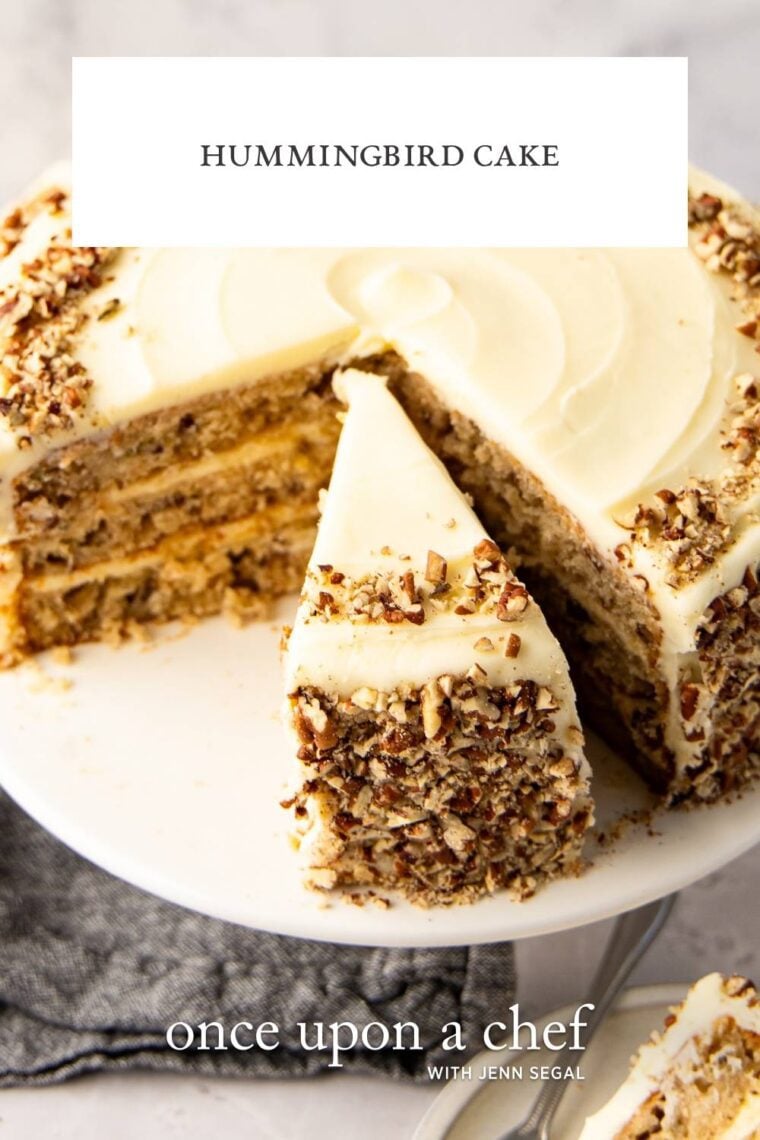 cake platter with sliced into hummingbird cake