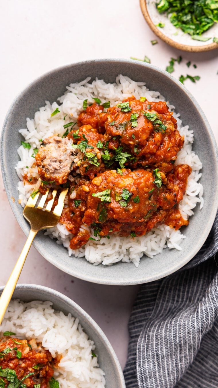 albondigas in bowl over rice
