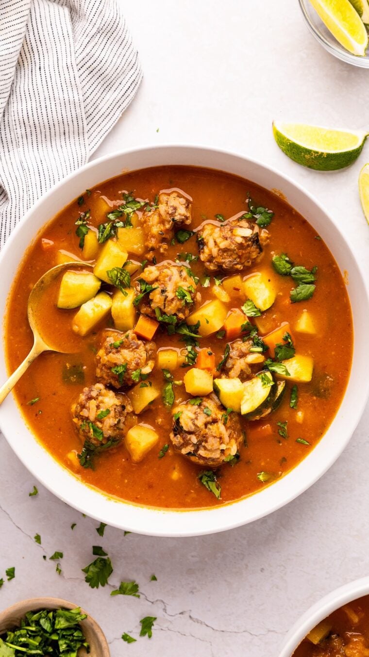 albondigas soup in a white bowl