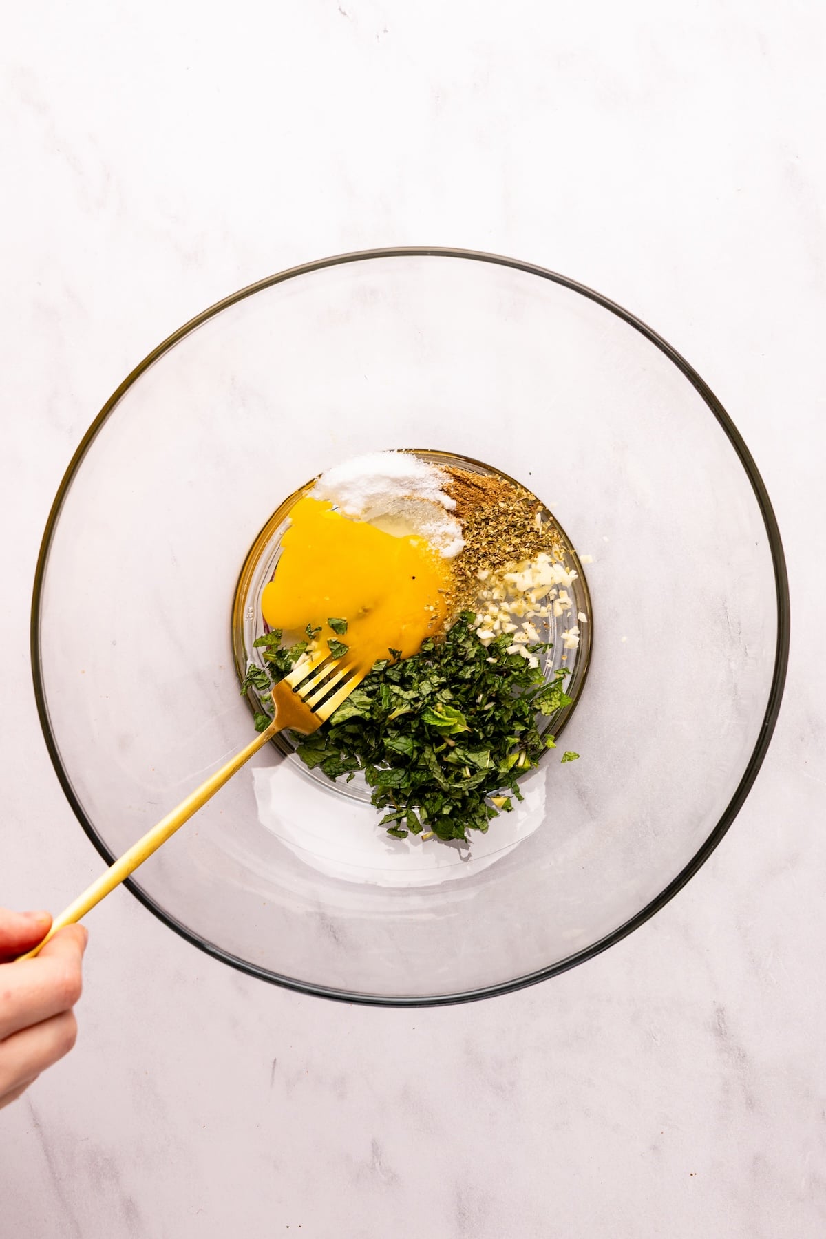 large bowl containing egg, mint, garlic, oregano, cumin, and salt