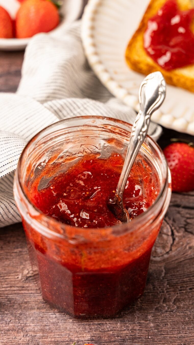 Jar of homemade strawberry jam.