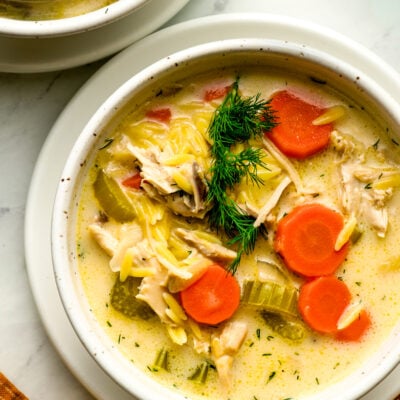 bowls of lemon chicken orzo soup