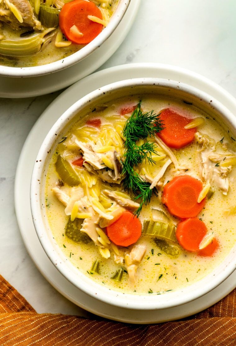 bowls of lemon chicken orzo soup