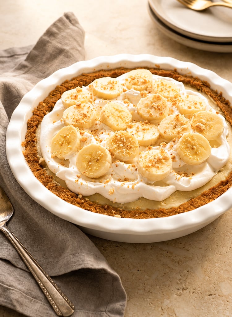 Banana cream pie with a linen napkin and stack of plates.