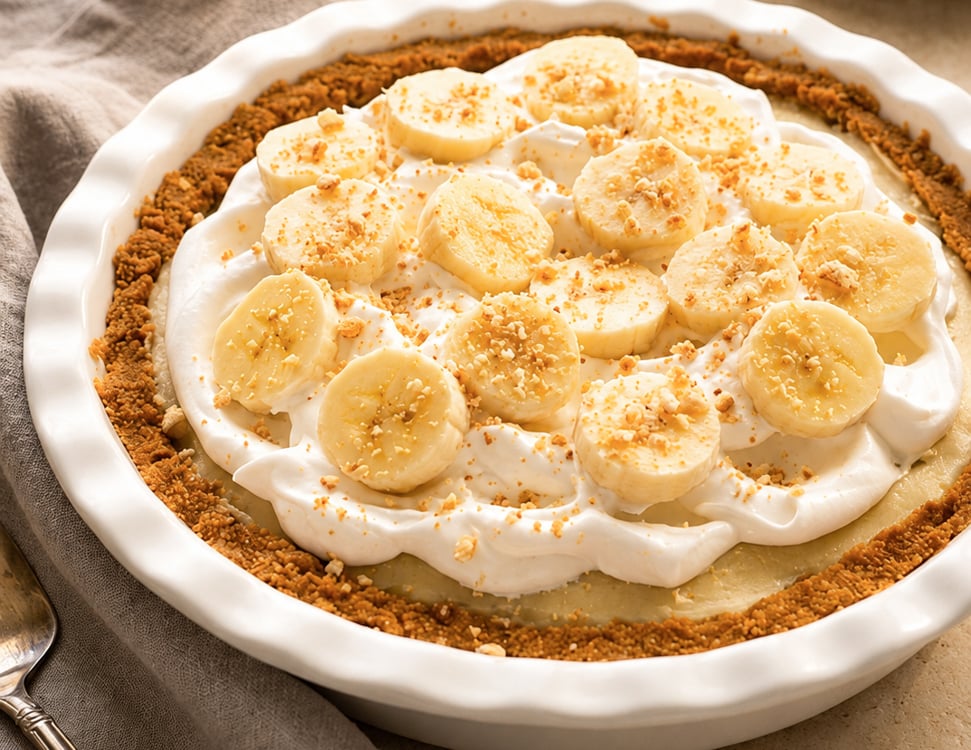 Banana cream pie with a linen napkin and stack of plates