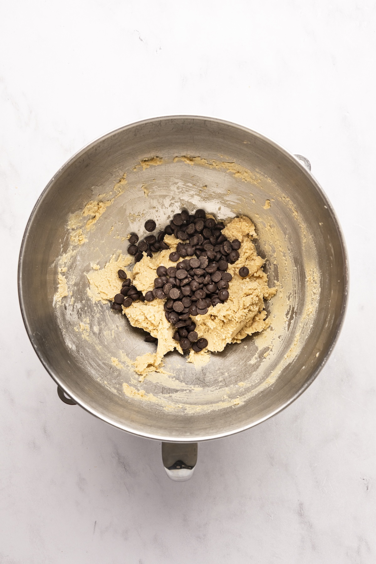 mixing bowl with chocolate added to dough mixture