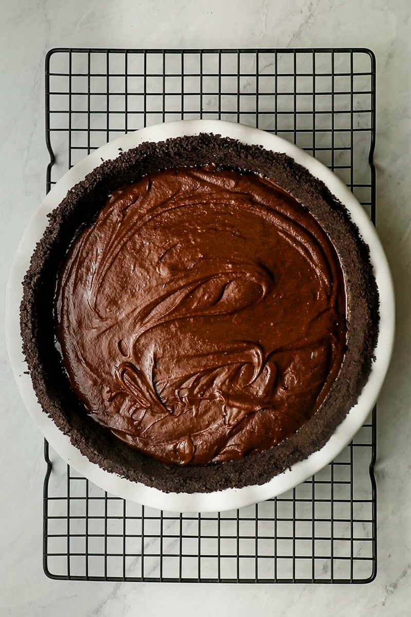 Brownie filling in Oreo crust.