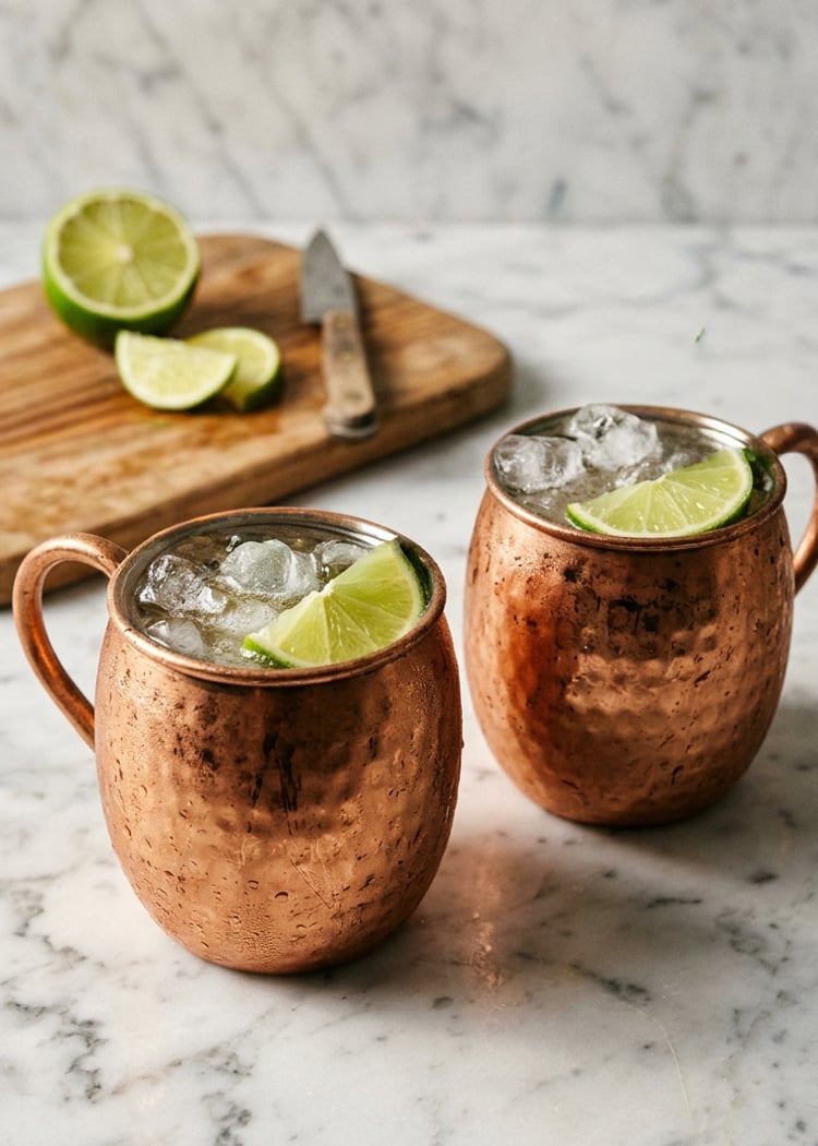 Moscow Mules on white marble countertop.