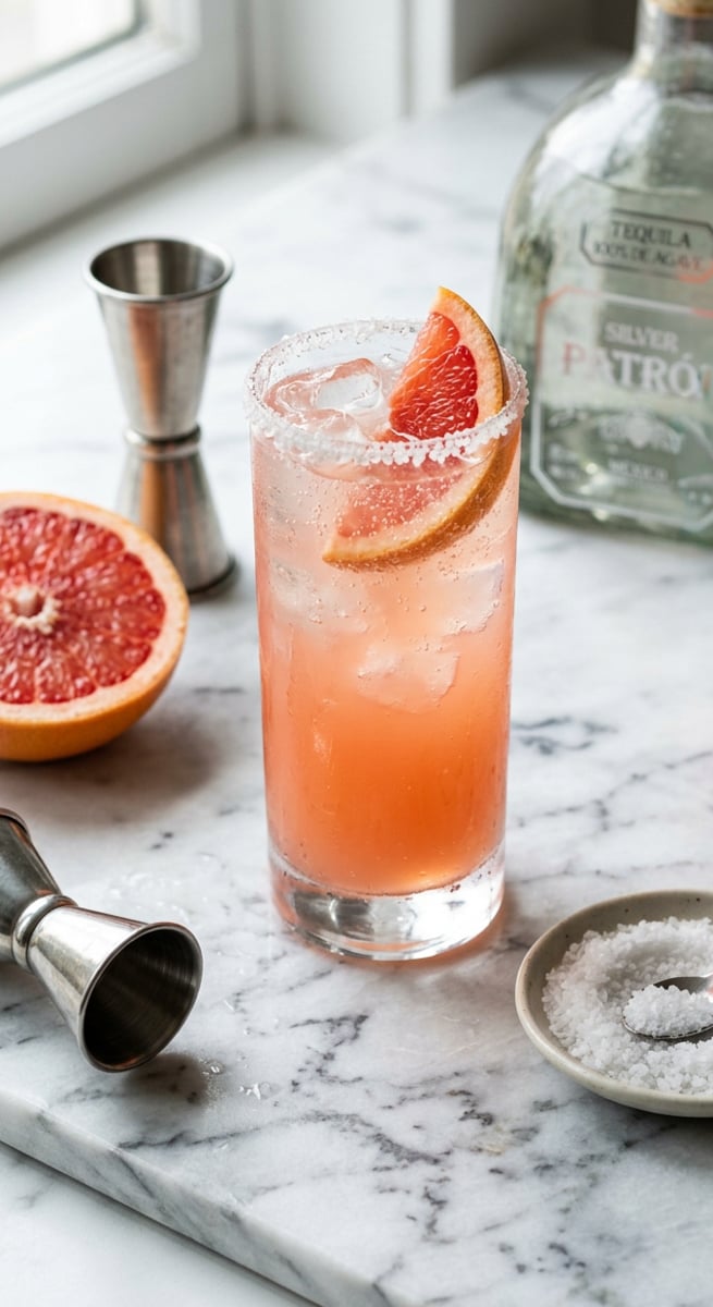 marble counter with paloma cocktail garnished with grapefruit slice
